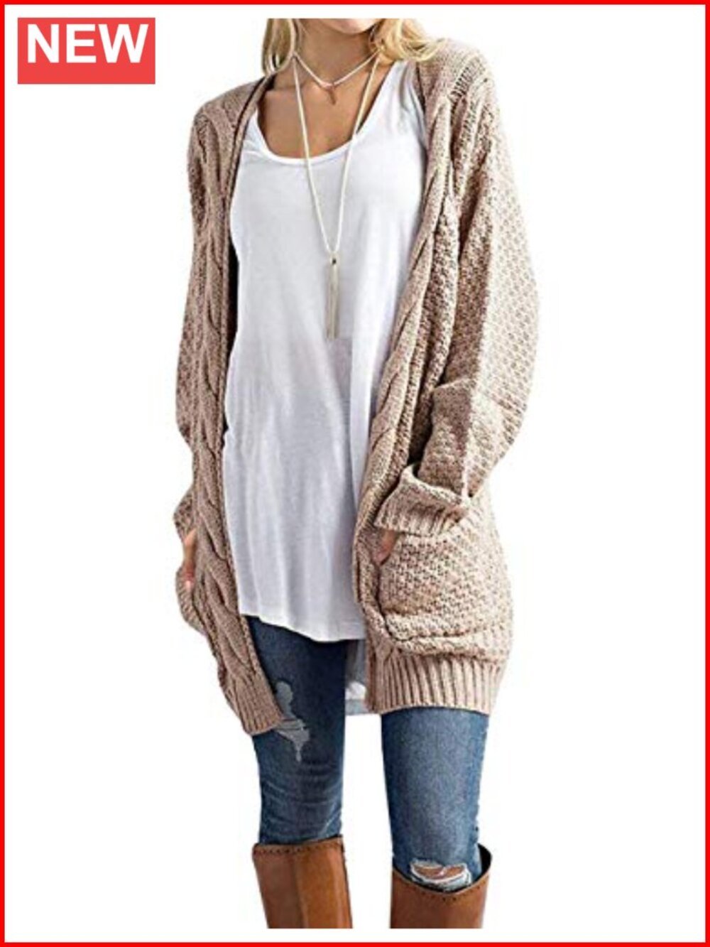 GRECERELLE Womens Cable-Knit Open Front Cardigan Sweater with Pockets